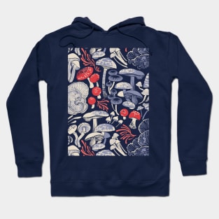 Mystical fungi // midnight blue background ivory pale blue coral and red wild mushrooms Hoodie